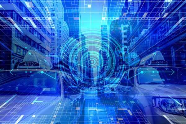 A futuristic blue tunnel with digital data rings and light effects.