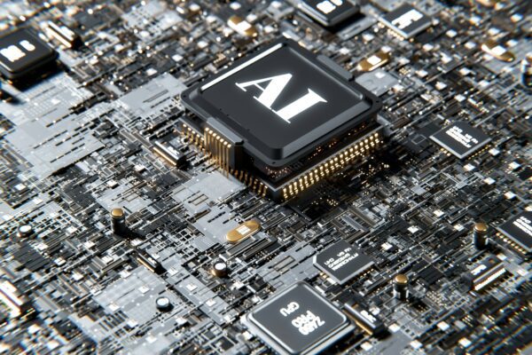 A high-tech close-up of a computer motherboard with an "AI" central processor.