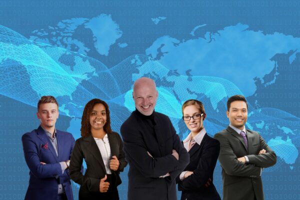 A group of diverse professionals standing together against a blue globe background.